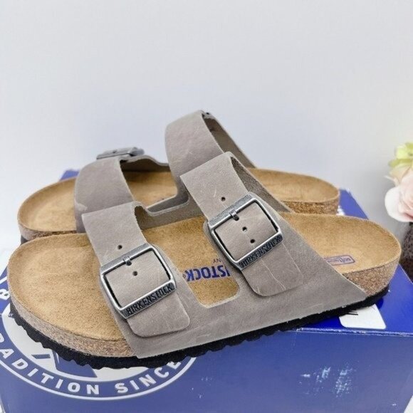 Birkenstock Arizona Soft Footbed Sandal Iron Leather EU 41 Wms US 10- 10.5 Wide - Picture 1 of 10